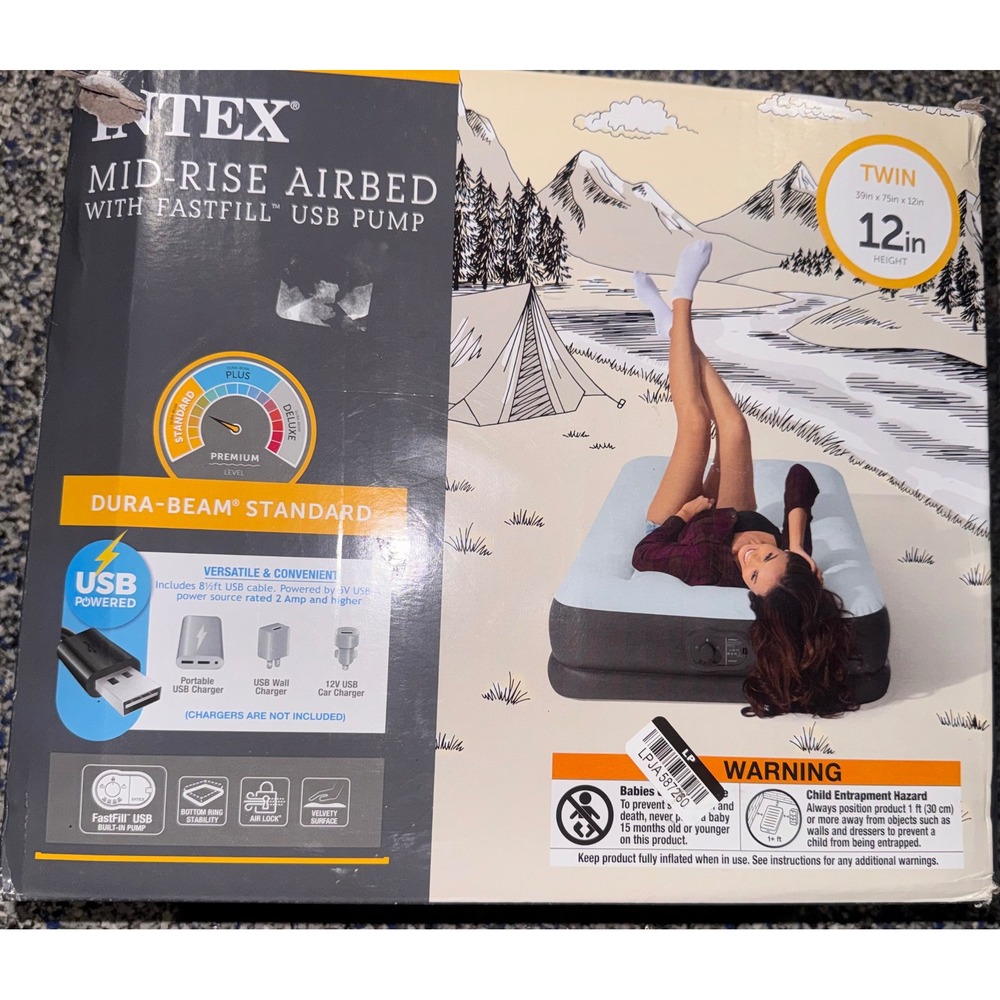 Intex Mid-Rise Twin Airbed Dura-Beam Standard FastFill USB Pump 12in Height